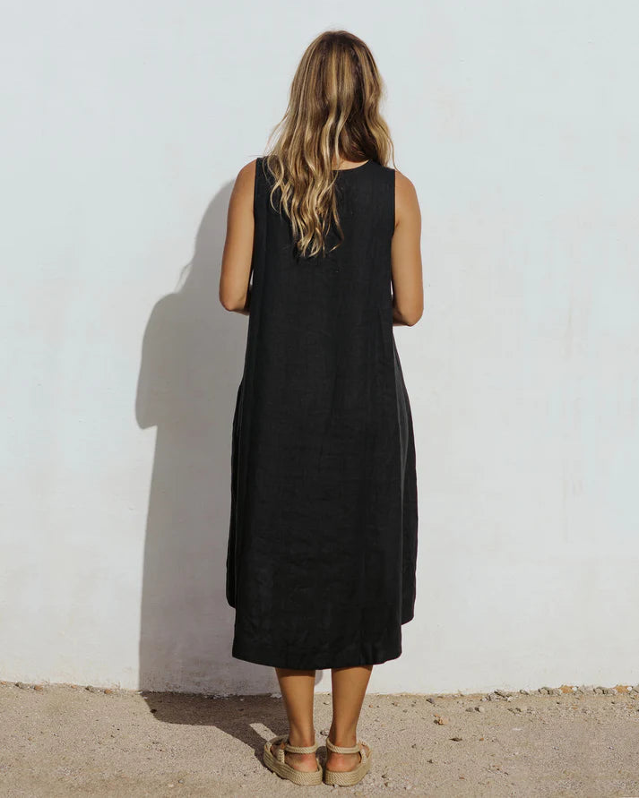 Black Linen High-Low Dress – Sleeveless with Coconut Button