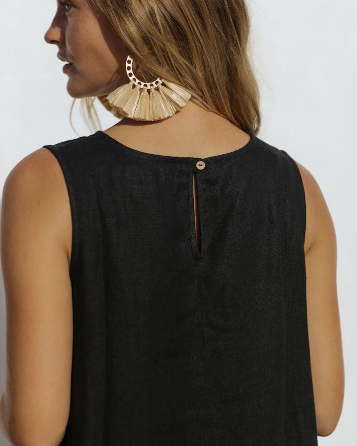 Black Linen High-Low Dress – Sleeveless with Coconut Button