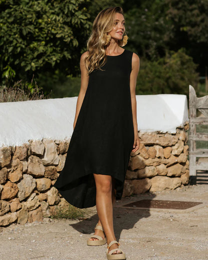 Black Linen High-Low Dress – Sleeveless with Coconut Button