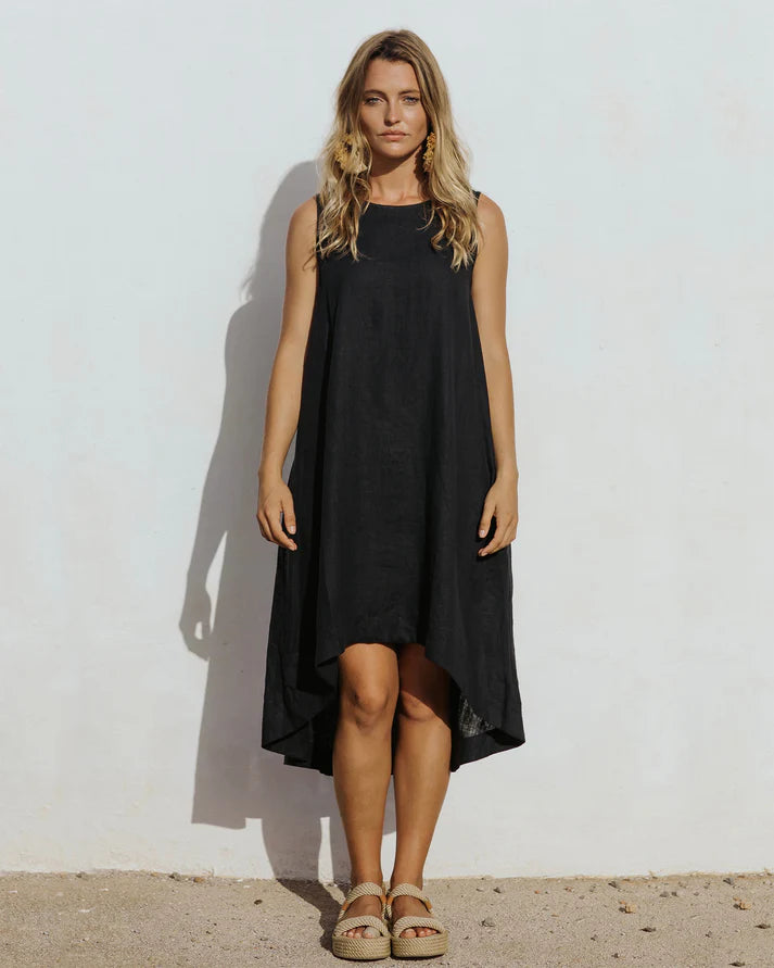 Black Linen High-Low Dress – Sleeveless with Coconut Button