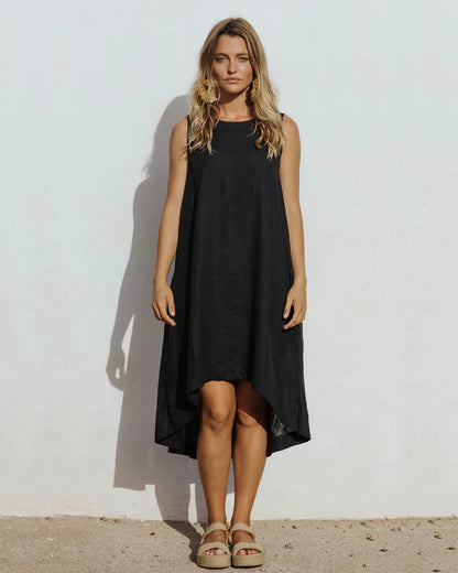 Black Linen High-Low Dress – Sleeveless with Coconut Button