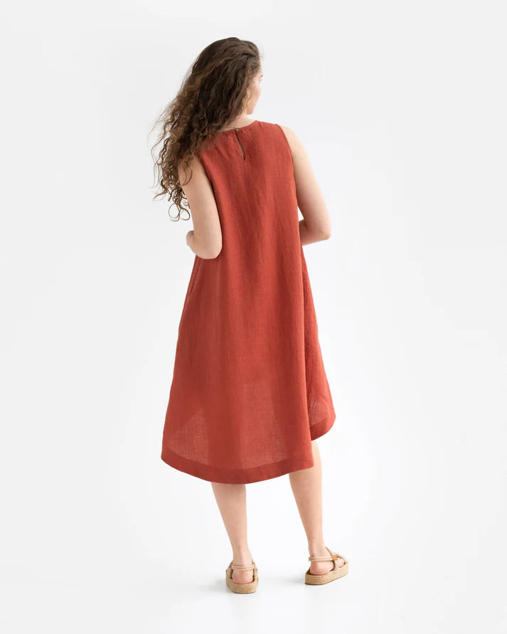 Coral Linen High-Low Dress – Sleeveless with Coconut Button
