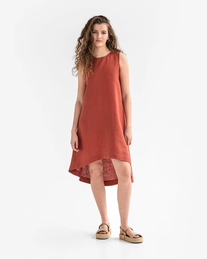 Coral Linen High-Low Dress – Sleeveless with Coconut Button