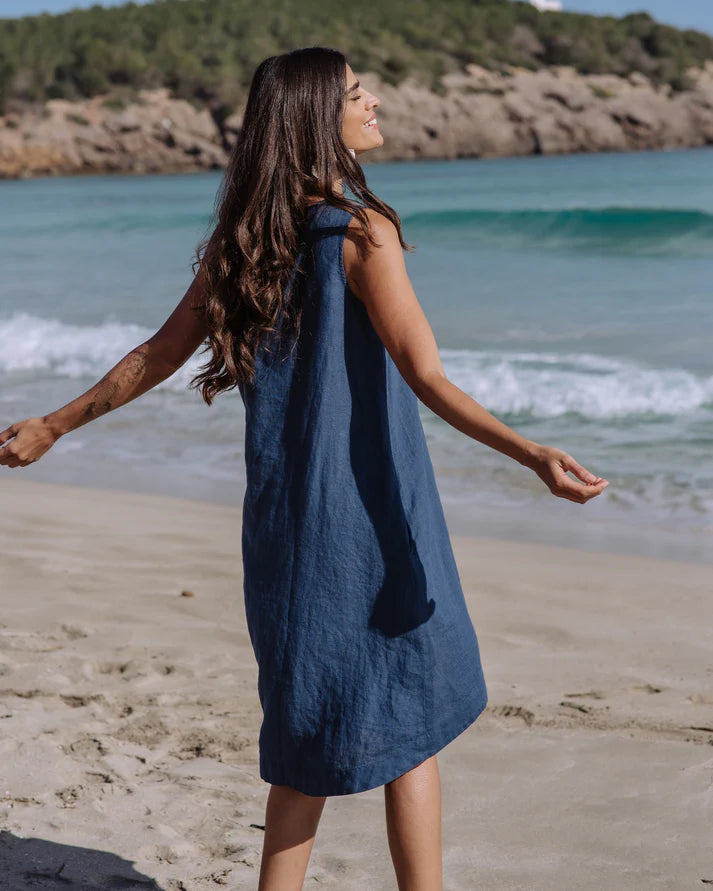 Deep Navy Linen High-Low Dress – Sleeveless with Coconut Button