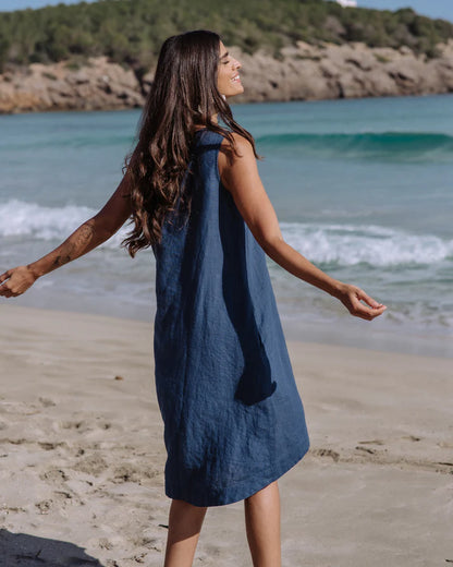Deep Navy Linen High-Low Dress – Sleeveless with Coconut Button