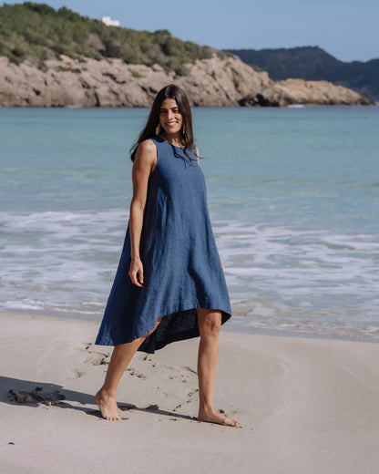 Deep Navy Linen High-Low Dress – Sleeveless with Coconut Button