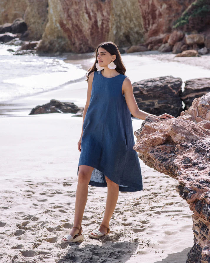 Deep Navy Linen High-Low Dress – Sleeveless with Coconut Button