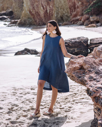 Deep Navy Linen High-Low Dress – Sleeveless with Coconut Button