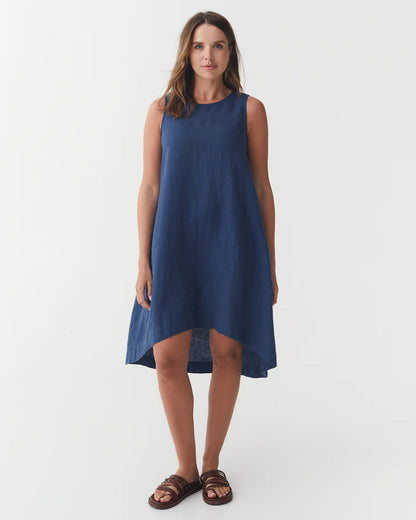Deep Navy Linen High-Low Dress – Sleeveless with Coconut Button