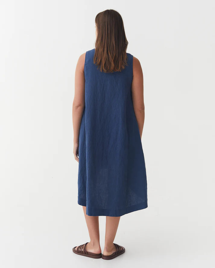 Deep Navy Linen High-Low Dress – Sleeveless with Coconut Button