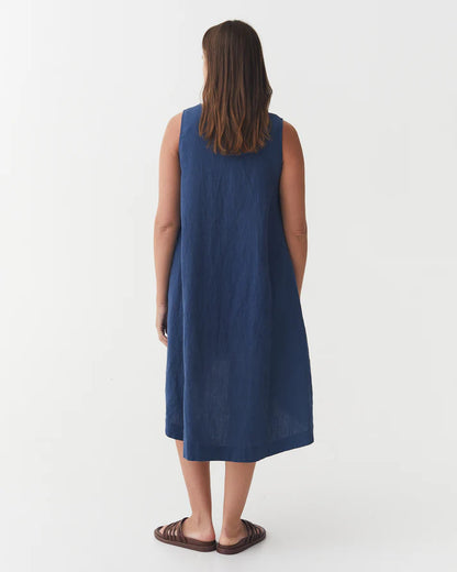 Deep Navy Linen High-Low Dress – Sleeveless with Coconut Button