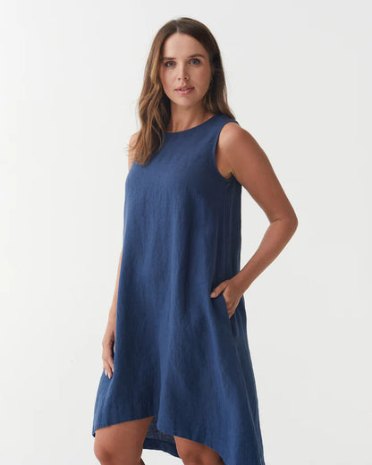 Deep Navy Linen High-Low Dress – Sleeveless with Coconut Button