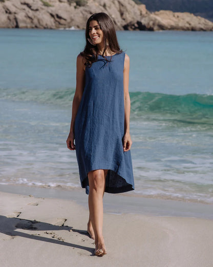Deep Navy Linen High-Low Dress – Sleeveless with Coconut Button