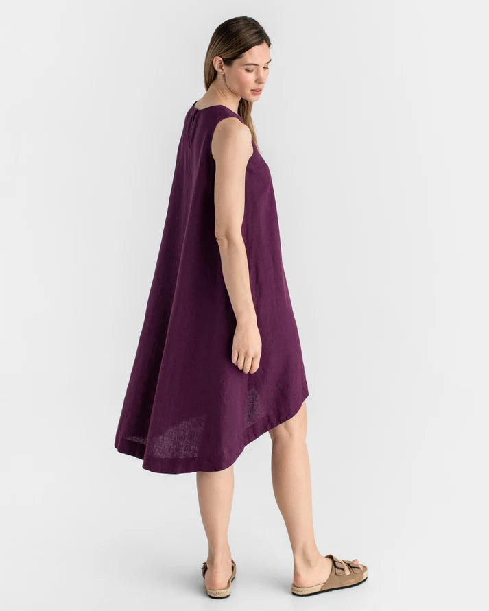 Purple Linen High-Low Dress – Sleeveless with Coconut Button