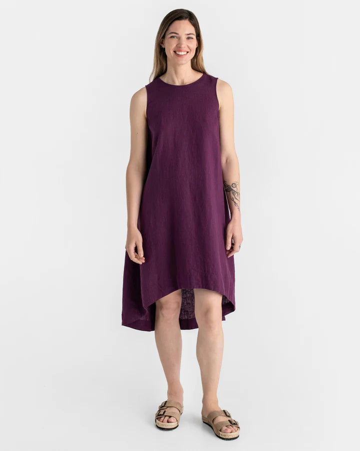Purple Linen High-Low Dress – Sleeveless with Coconut Button