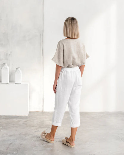 Stone Linen Short Sleeves Top – Loose Fit with Round Neck