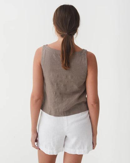Taupe Linen Sleeveless Top – V-Neck & Relaxed Fit