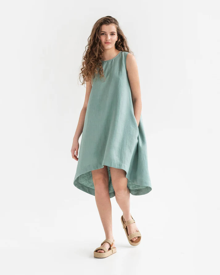 Teal Linen High-Low Dress – Sleeveless with Coconut Button