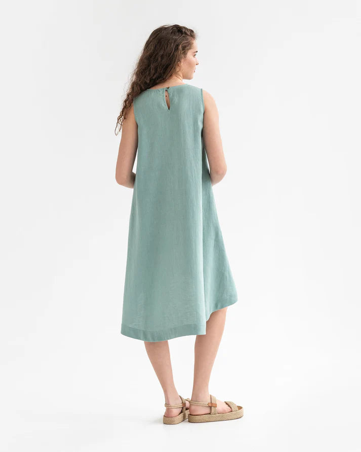 Teal Linen High-Low Dress – Sleeveless with Coconut Button