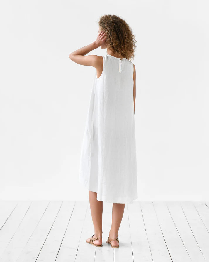 White Linen High-Low Dress – Sleeveless with Coconut Button