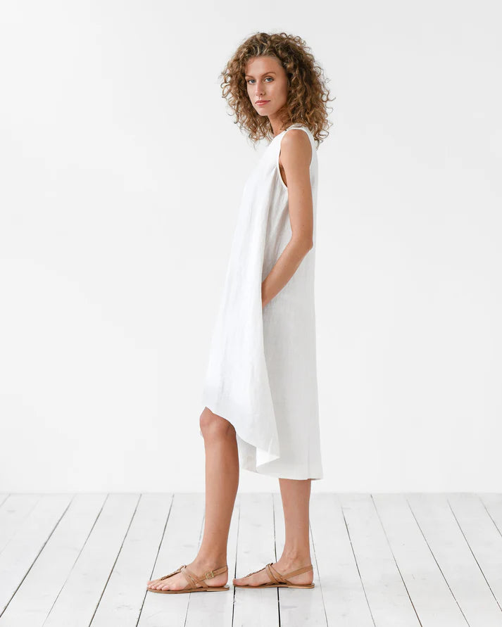 White Linen High-Low Dress – Sleeveless with Coconut Button