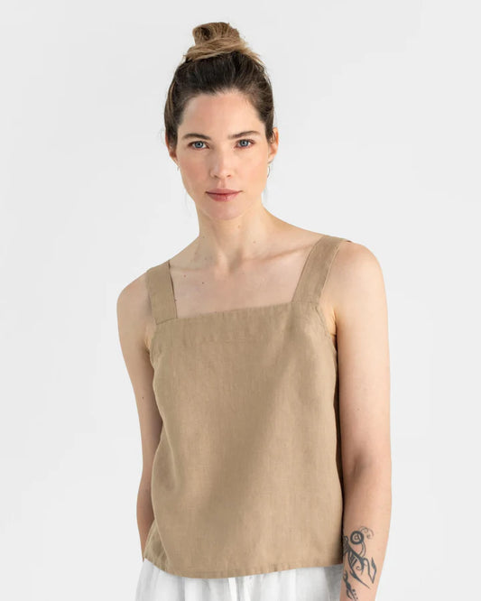 Beige Linen Tank Top – Square Neck with Wide Straps