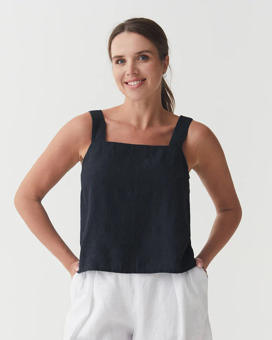 Black Linen Tank Top – Square Neck with Wide Straps