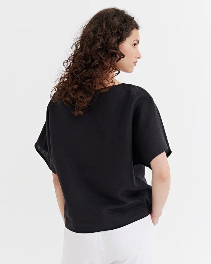 Black Linen Short Sleeves Top – Loose Fit with Round Neck