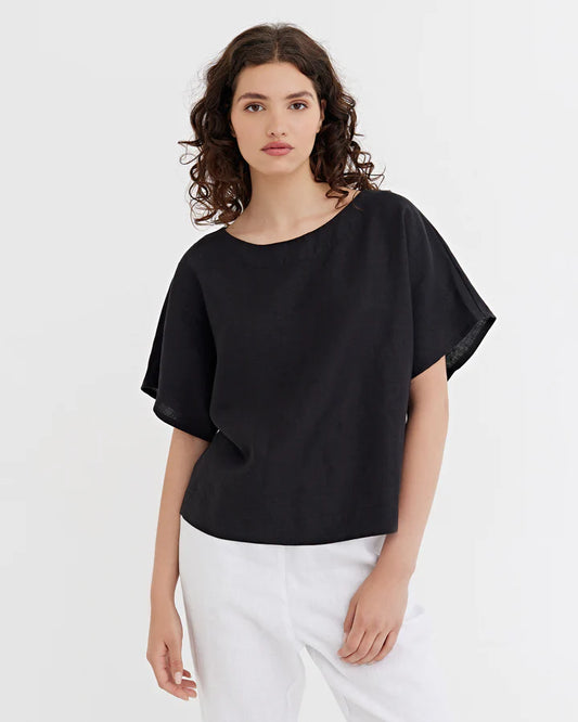 Black Linen Short Sleeves Top – Loose Fit with Round Neck
