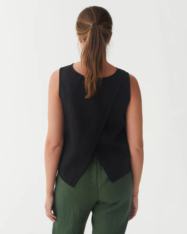 Black Linen Split Back Top – Sleeveless & Hip-Length