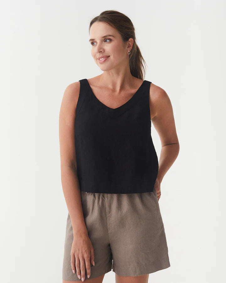 Black Linen Sleeveless Top – V-Neck & Relaxed Fit