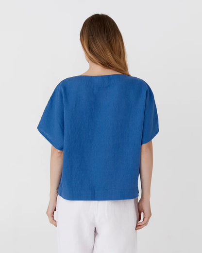 Blue Linen Short Sleeves Top – Loose Fit with Round Neck
