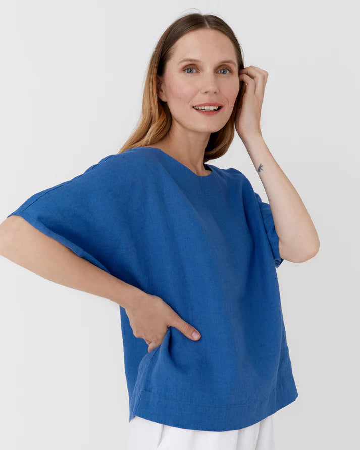 Blue Linen Short Sleeves Top – Loose Fit with Round Neck