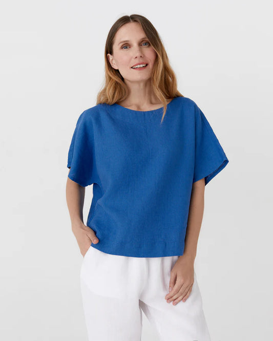 Blue Linen Short Sleeves Top – Loose Fit with Round Neck