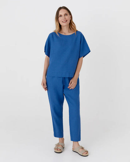 Blue Linen Short Sleeves Top – Loose Fit with Round Neck