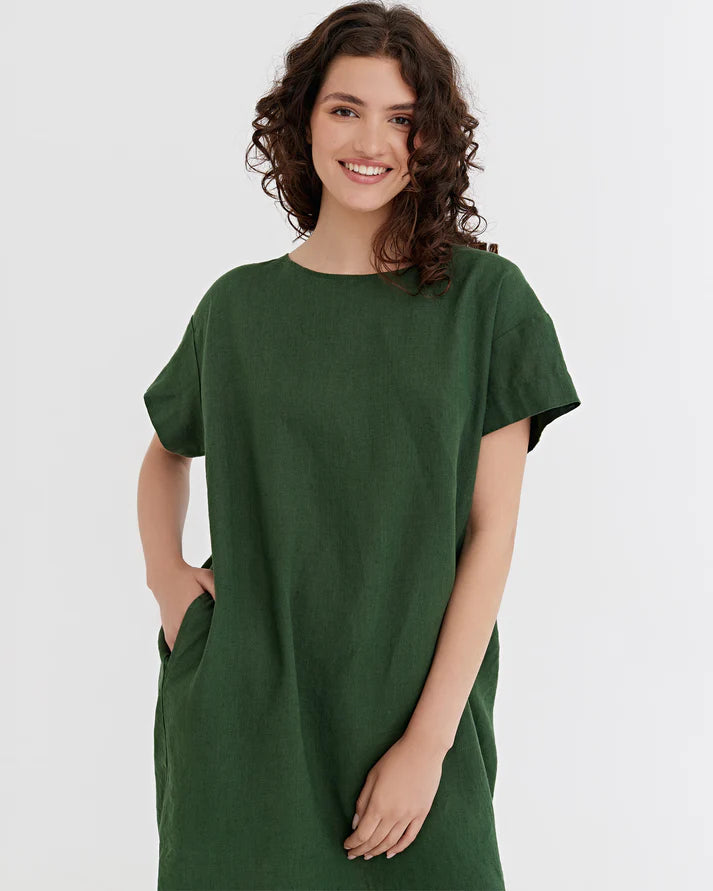 Deep Green Linen Mini Dress – Relaxed Fit with Open Back