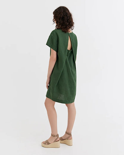 Deep Green Linen Mini Dress – Relaxed Fit with Open Back
