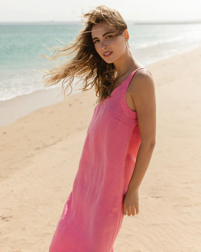 Pink Linen Maxi Dress – Sleeveless with V-Neck & Low Back