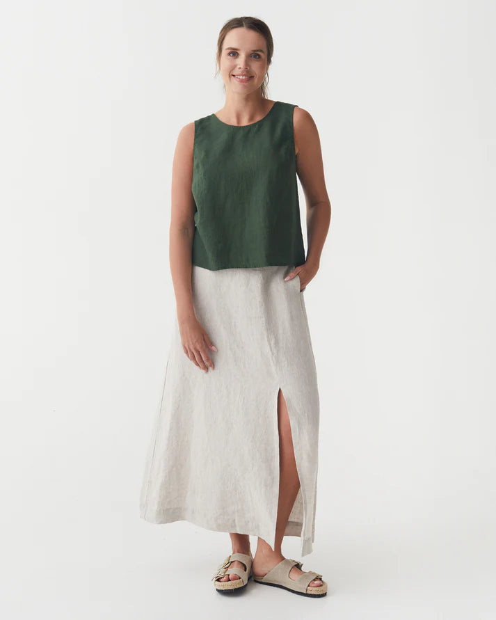 Green Linen Split Back Top – Sleeveless & Hip-Length