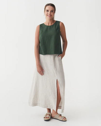 Green Linen Split Back Top – Sleeveless & Hip-Length