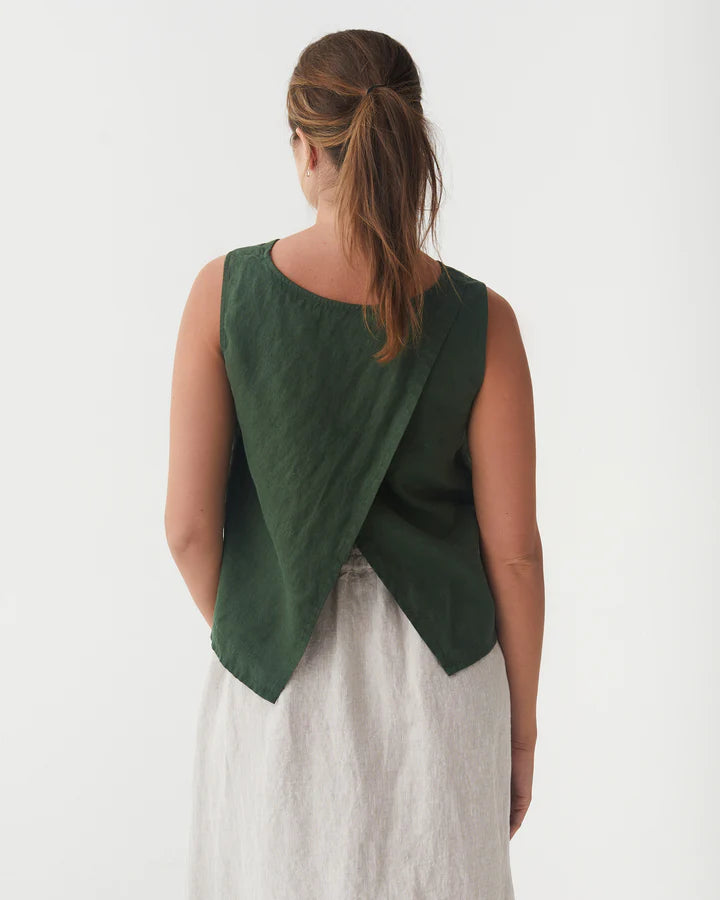 Green Linen Split Back Top – Sleeveless & Hip-Length