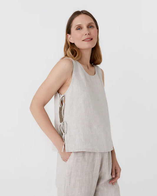 Sleeveless Linen Top with Side Ties – Natural Stone