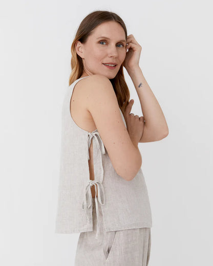 Sleeveless Linen Top with Side Ties – Natural Stone