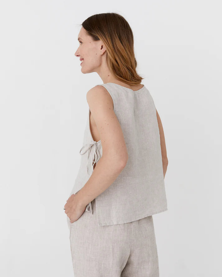 Sleeveless Linen Top with Side Ties – Natural Stone
