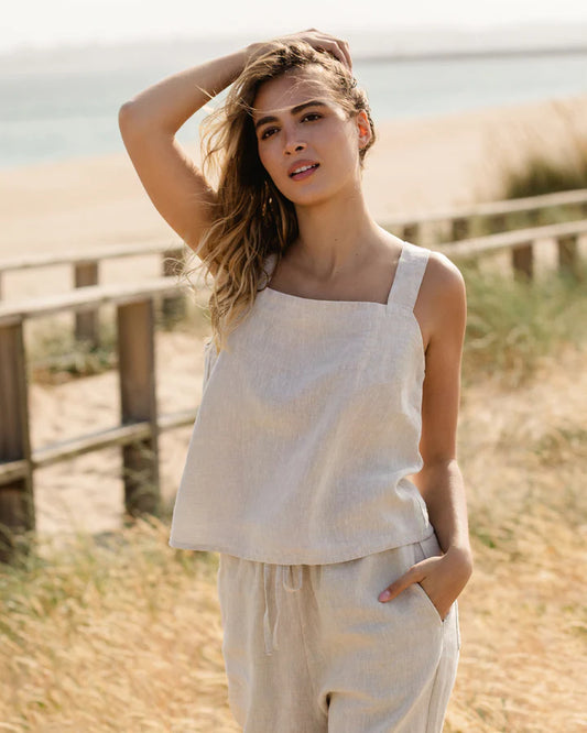 Natural Stone Linen Tank Top – Square Neck with Wide Straps