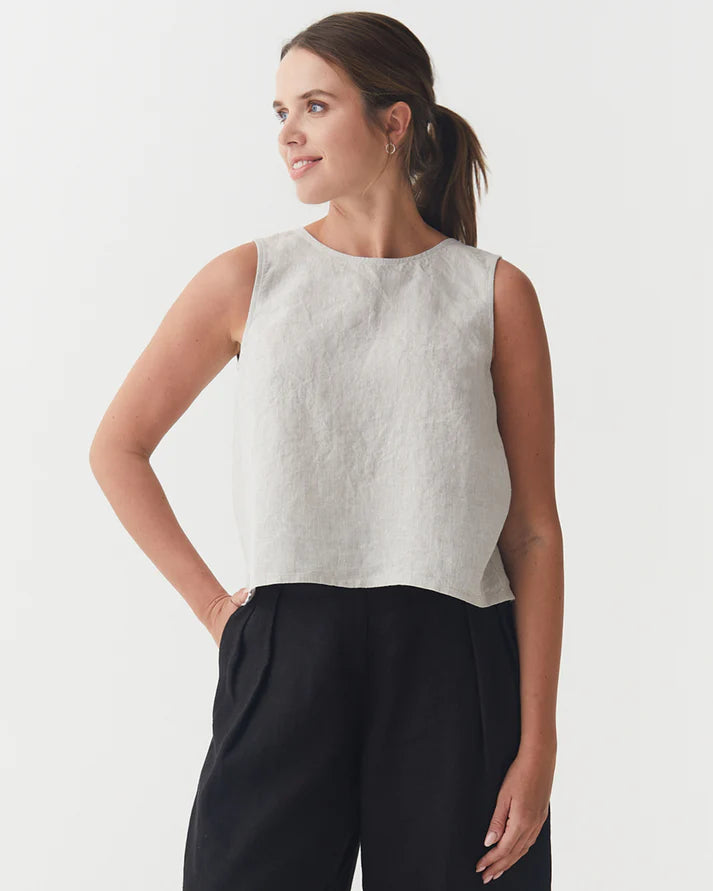 Natural Stone Linen Split Back Top – Sleeveless & Hip-Length