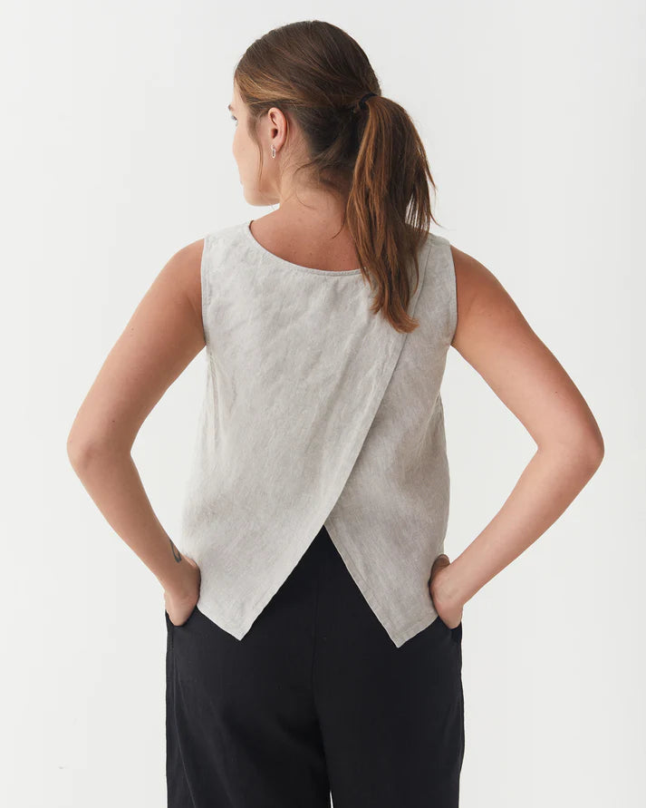Natural Stone Linen Split Back Top – Sleeveless & Hip-Length