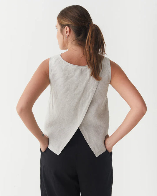 Natural Stone Linen Split Back Top – Sleeveless & Hip-Length