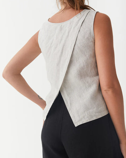 Natural Stone Linen Split Back Top – Sleeveless & Hip-Length