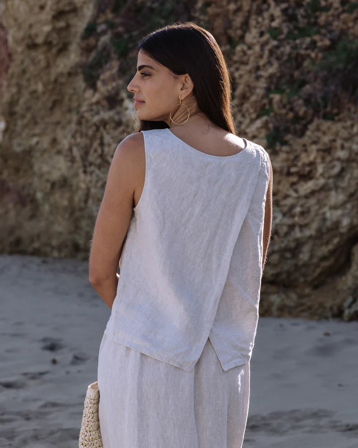 Natural Stone Linen Split Back Top – Sleeveless & Hip-Length